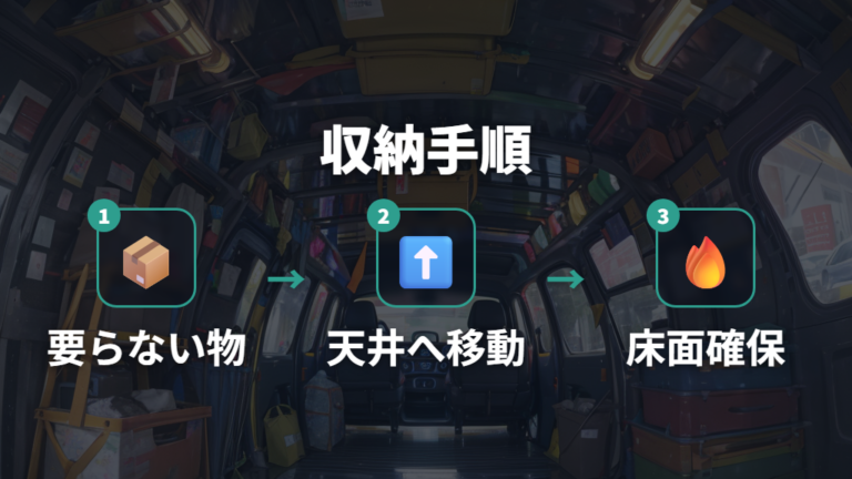狭い車内を広く使う収納術で寝床を残す