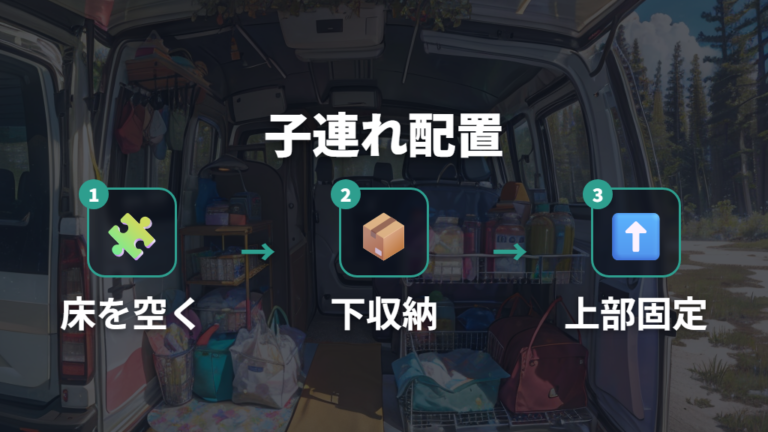 子連れ車中泊の荷物配置は床と天井を使い分ける