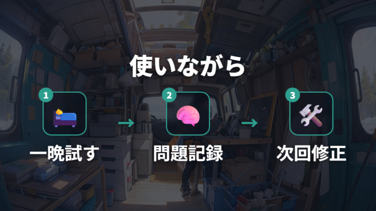 軽バン車中泊の自作レイアウト実例は使いながら直していい?
