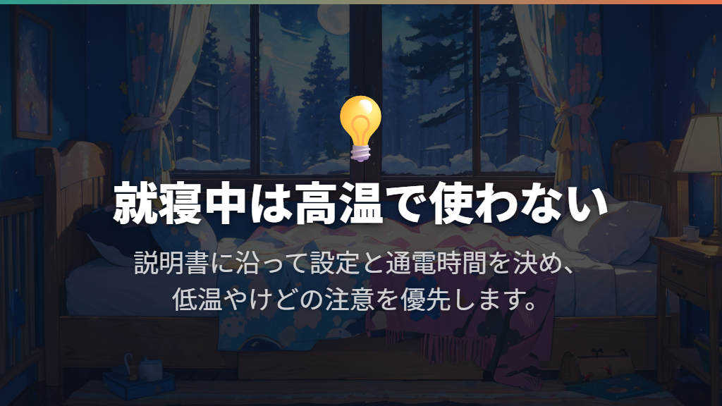 就寝中は高温で使わず、低温やけどの注意を優先する
