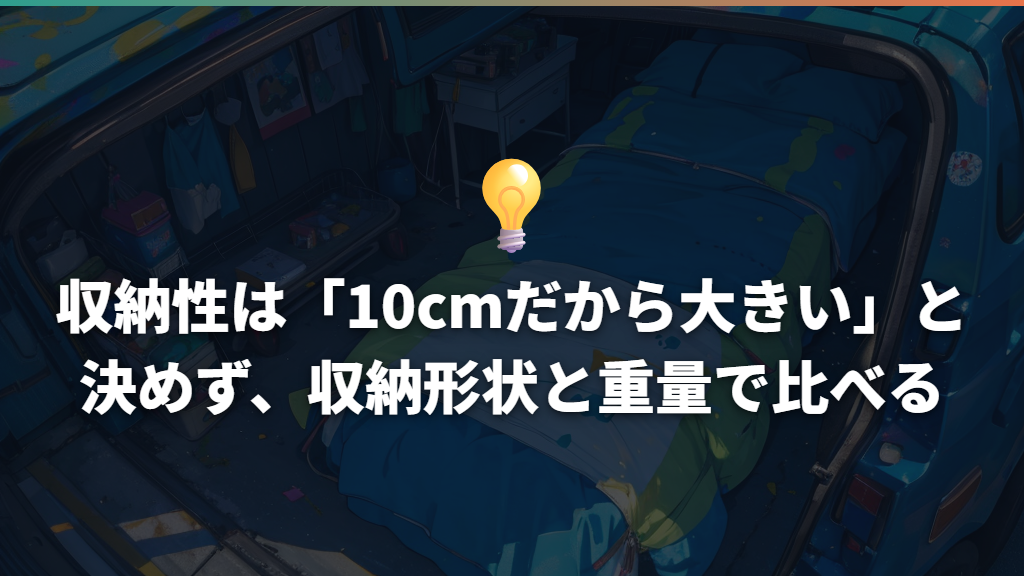 収納性は「10cmだから大きい」と決めず、収納形状と重量で比べる