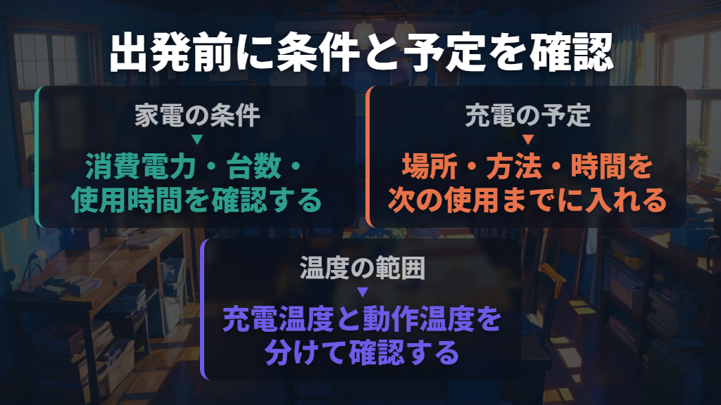 出発前は家電の条件・充電予定・温度範囲をまとめて確認